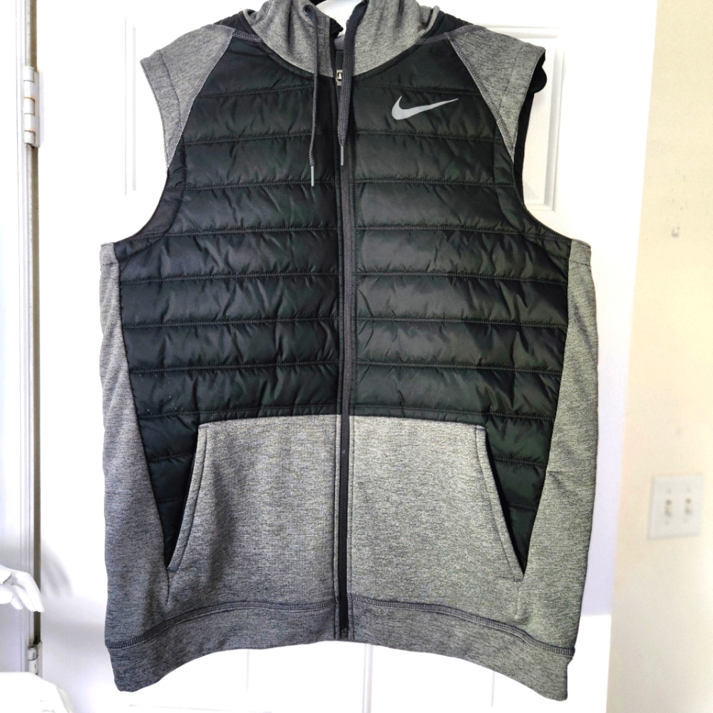 NIKE MEN'S THERMA FULL-ZIP TRAINING VEST HOODIE BLACK/GRAY SZ LG